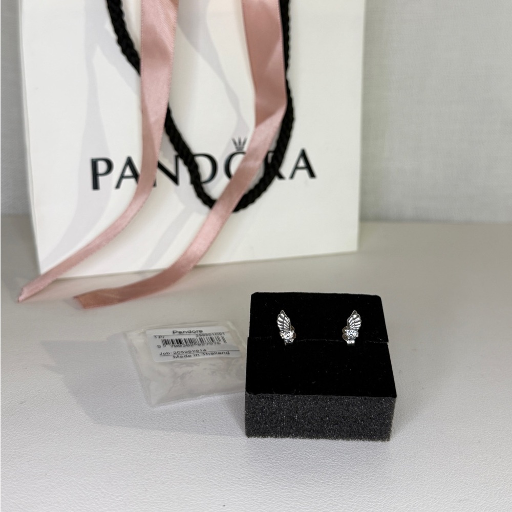 NWT | Pandora Sparkling Angel Wing Stud Earrings, Sterling Silver & CZ Stones